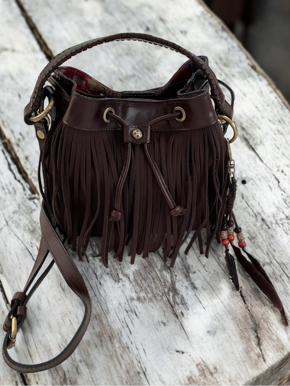 Patricia Nash Elisa Fringe Bucket Bag Chocolate Brown Leather Crossbody